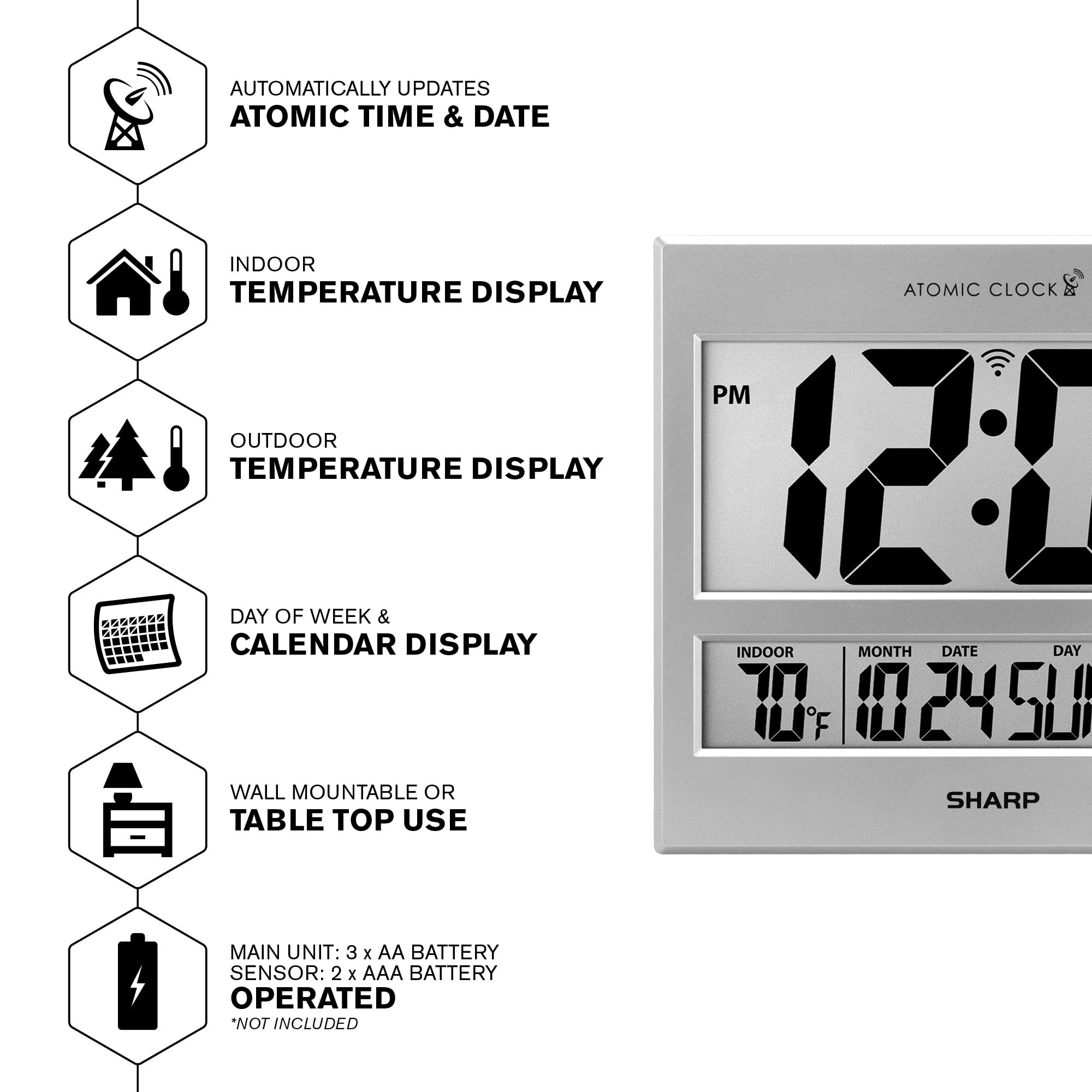 Sharp Atomic Clock - Jumbo 3" Easy to Read Numbers - Never Needs Setting! - Indoor/ Outdoor Temperature Display with Wireless Outdoor Sensor - Silver