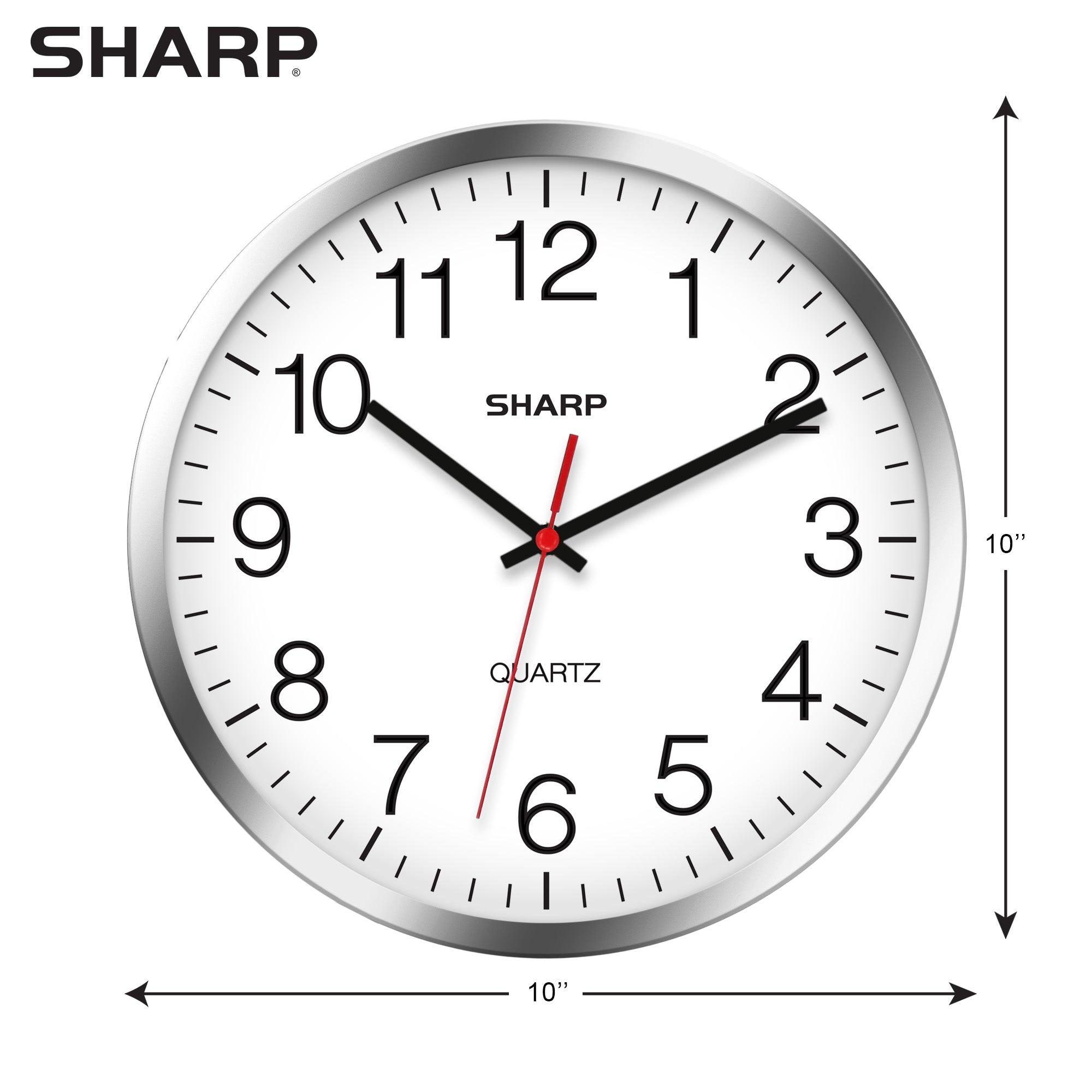 SHARP Wall Clock Silver/Chrome, Silent Non Ticking 10 Inch Quality Quartz Battery Operated Round Easy to Read Home/Kitchen/Office/Classroom/School Clocks, Sweep Movement