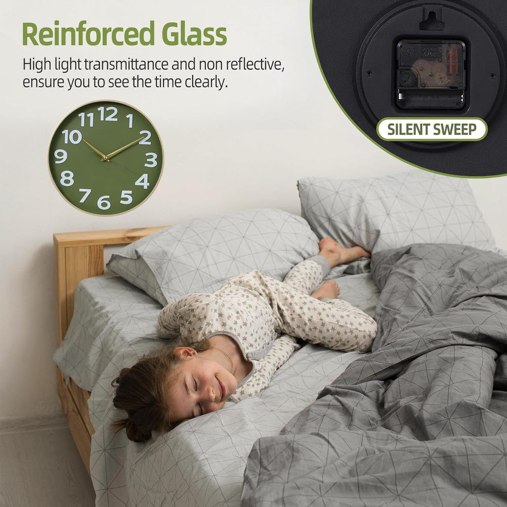Sanmadrola Wall Clocks Battery Operated,12 inch Silent Non Ticking Modern Wall Clock for Living Room Bedroom Kitchen Office Classroom Decor Glass Front Olive Green with Gold Frame