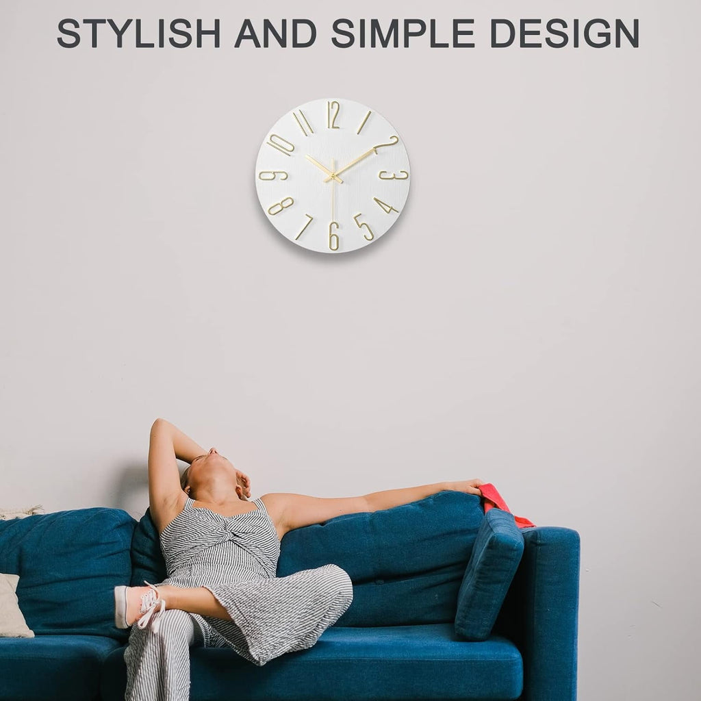 12 Inch Wall Clock Silent Non Ticking, Preciser Modern Style Decor Clock for Home, Office, School, Kitchen, Bedroom, Living Room(White)