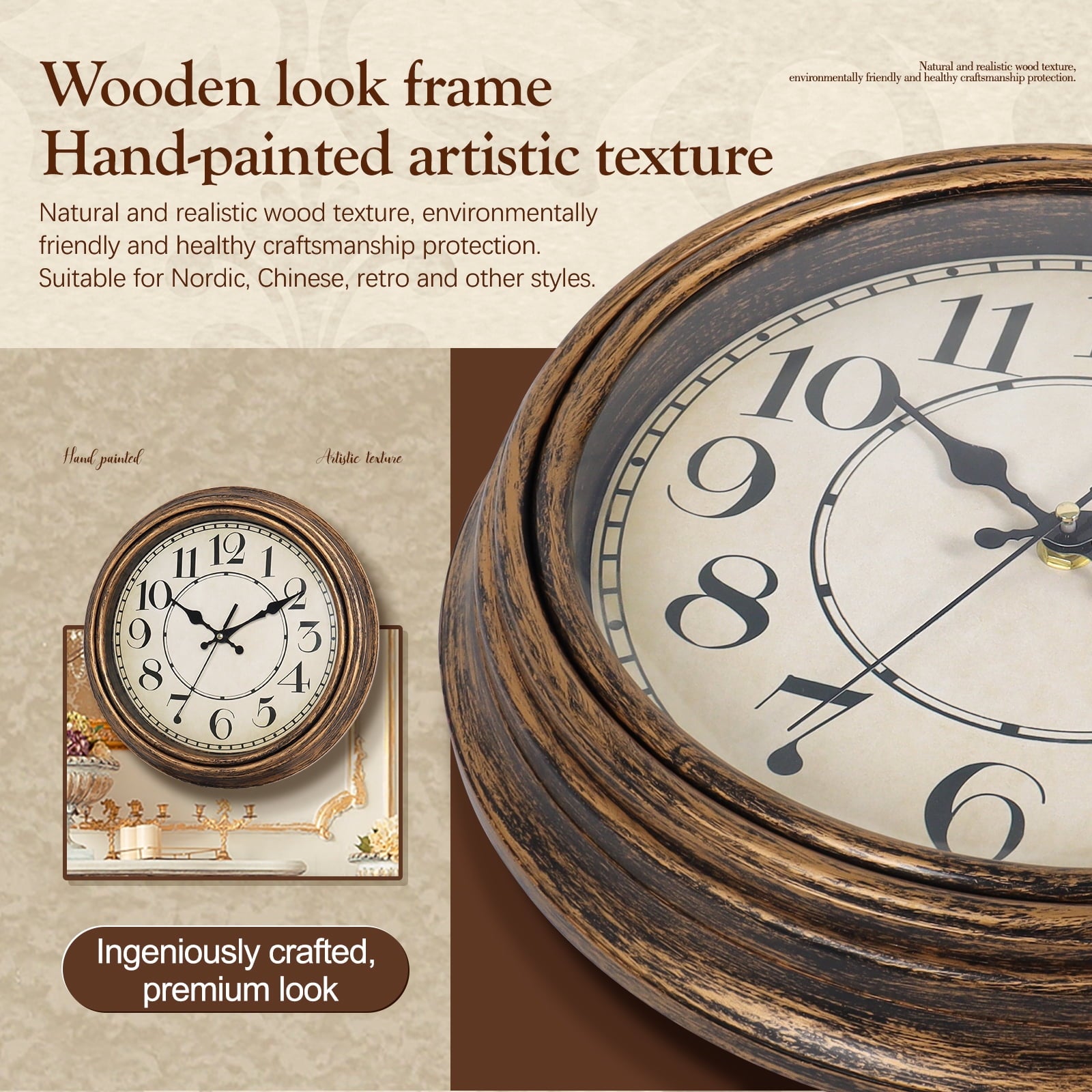 Geevon Retro Silent 12 Inch Wall Clock Non Ticking, Rustic Vintage Clock Quartz Decorative, Battery Operated for Kitchen/Office/Classroom/Bedroom/Living Room Decor