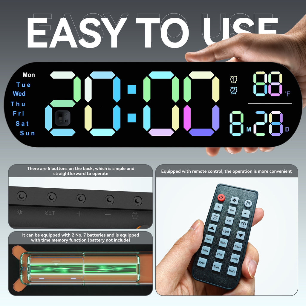 Sailstar 13.7’’ Large Digital Wall Clock with Dual Alarms and 10-Level Automatic Brightness Adjustment Remote Control to Easily Set The Wall Clocks, Colorful Wall LED Clock for Bedroom, Living Room
