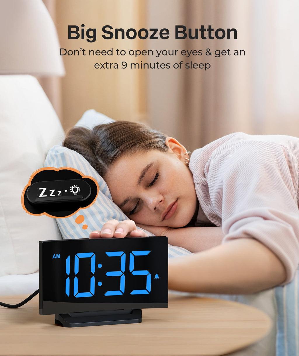 Mpow Digital Alarm Clock for Bedrooms, Large Numbers, Easy to Set Digital Clock with Modern Curved Design, 6 Levels Brightness, 3 Alarm Tones & 2 Volume, 9min Snooze, Battery Backup, 12/24H