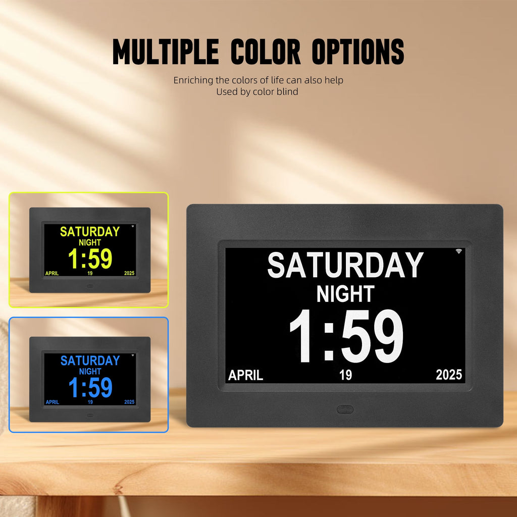 Memwake Multifunctional Large-Screen Digital Alarm Clock for Alzheimer's Patients with Date and Day of Week,Multiple Display Modes,7-inch Black