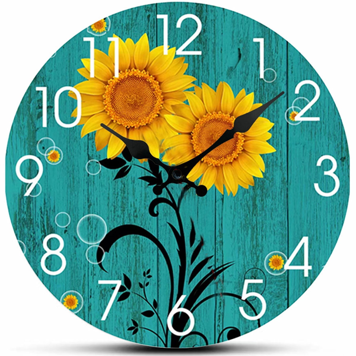 VOCOO 10'' Sunflower Round Wall Clocks, Wooden Silent Non Ticking Industrial Analog Clock for Kitchen Home Office Bedrooms (with Hook)