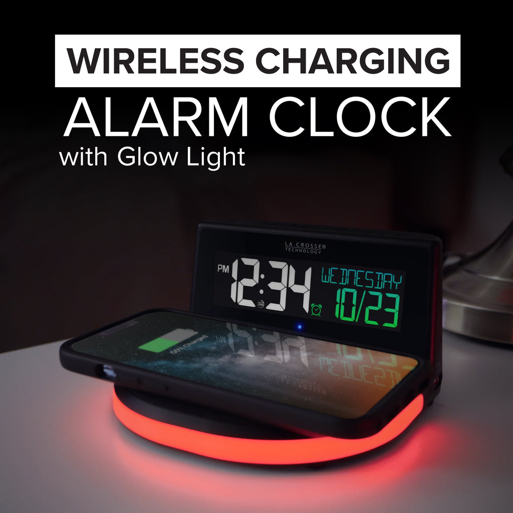 La Crosse Technology 617-148V2 Black Wireless Charging Alarm Clock with Glowing LED Base