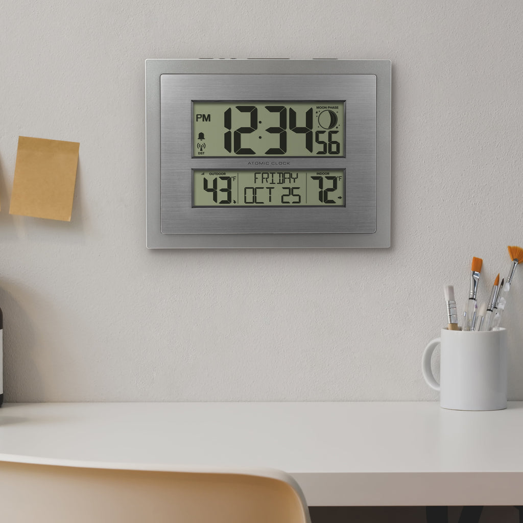 Better Homes & Gardens Silver Atomic Wall/Table Clock with Moon Phase & Calendar