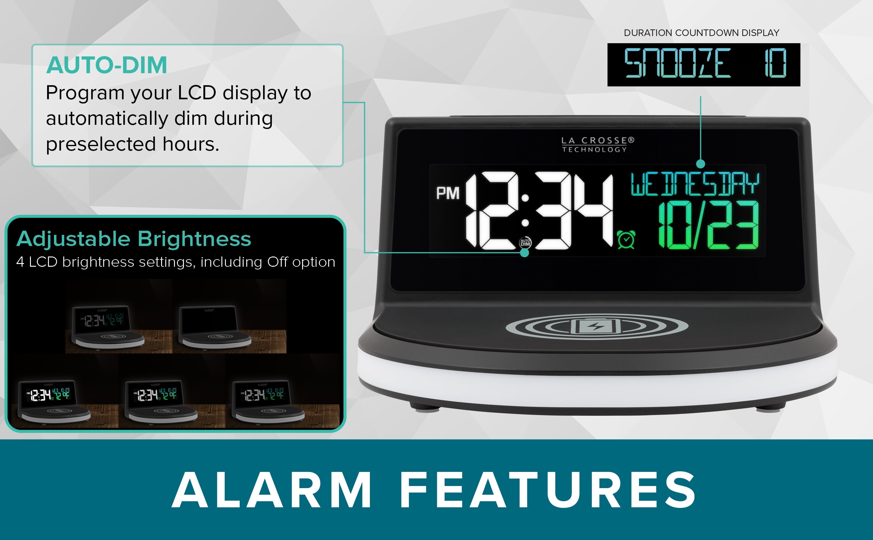 La Crosse Technology 617-148V2 Black Wireless Charging Alarm Clock with Glowing LED Base