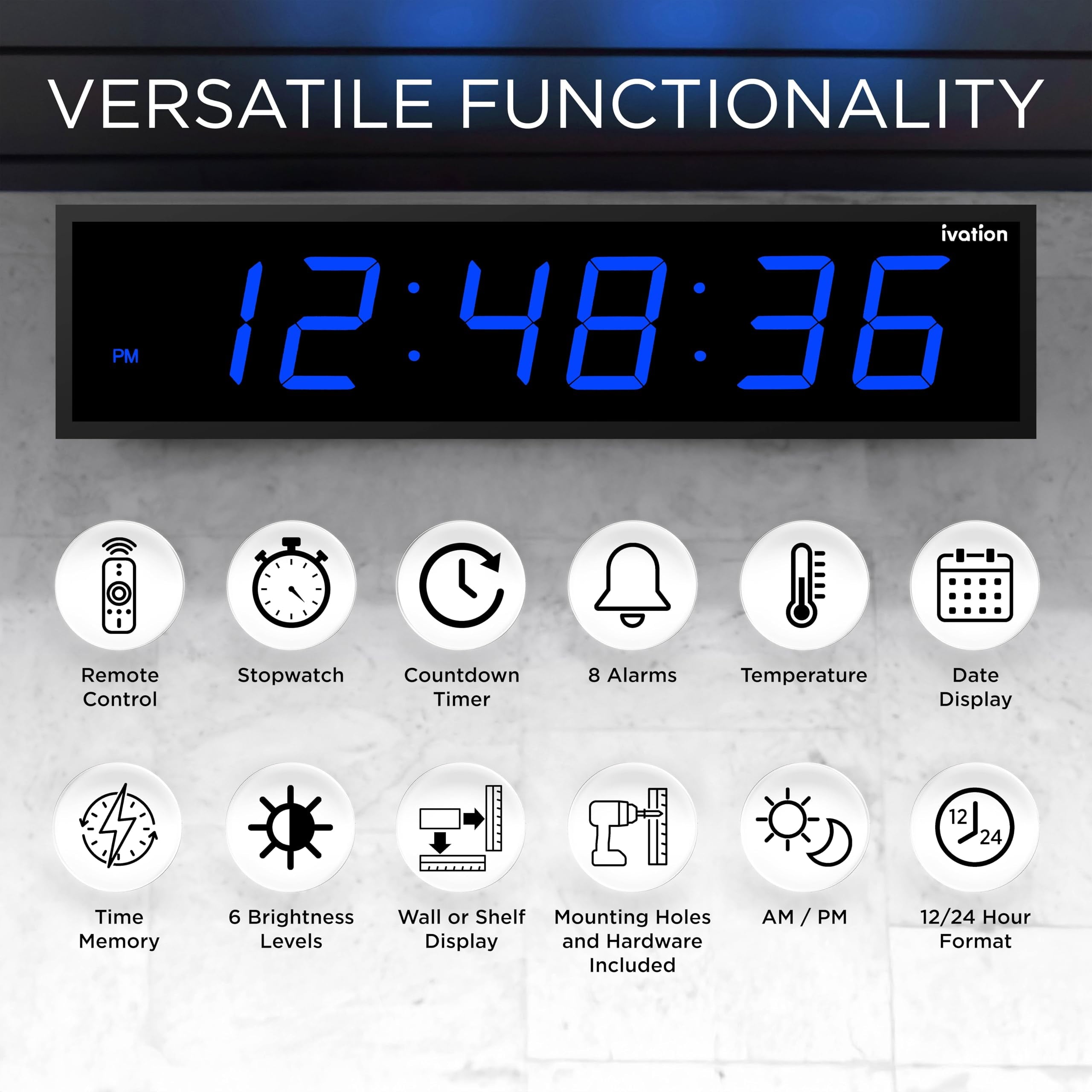 Ivation Large Digital Clock, 24" Led Wall Clock with Stopwatch, Alarms, Timer, Temp & Remote, Blue