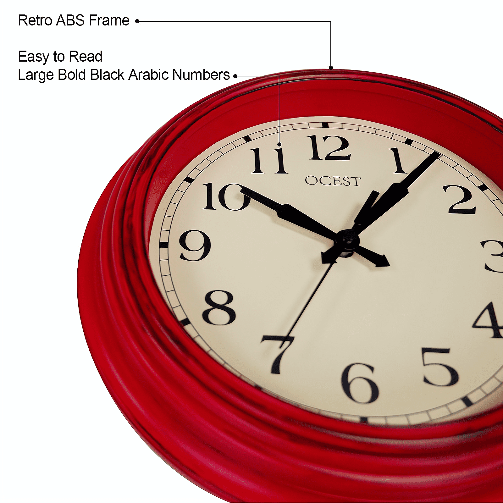 OCEST Retro Wall Clock 9 Inch Red Kitchen 50's Vintage Design Round Silent Non Ticking Battery Operated Quality Quartz Clock for Home Office Classroom