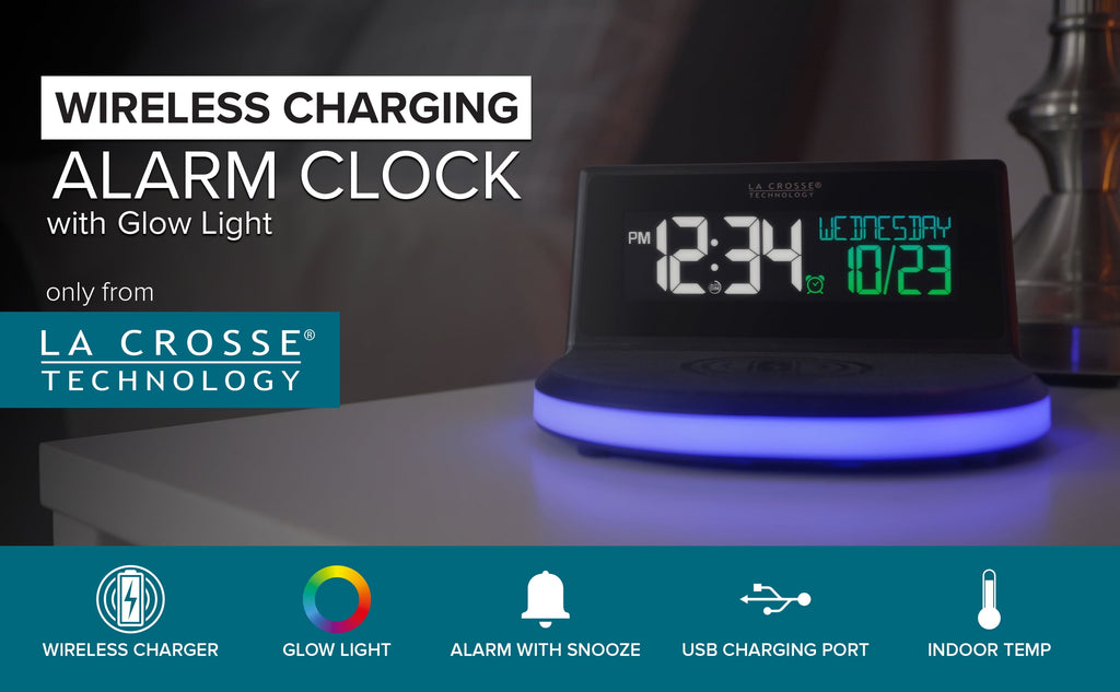 La Crosse Technology 617-148V2 Black Wireless Charging Alarm Clock with Glowing LED Base