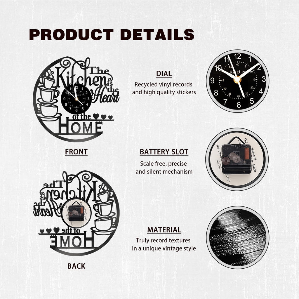 12 Inch Kitchen Vinyl Record Wall Clock, Kitchen Heat Home Theme Wall Clock, Coffee Bar Decor, Coffee Wall Decor for Office Living Room, for Women Wives, Black