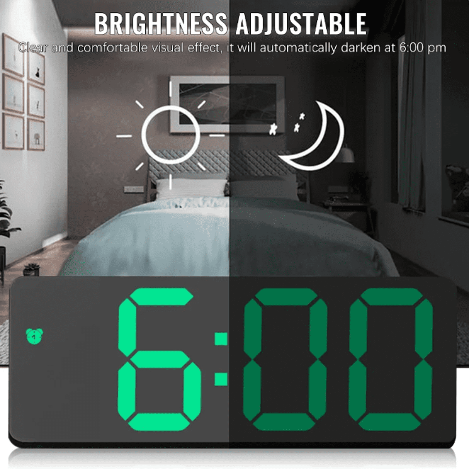 DESIGNICE Digital Clock,Large Display and Green Numbers Digital Clock Large Display,Voice Control,Snooze Function and USB/Battery Powered Digital Clock,Green Letter
